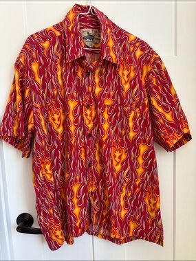 100% cotton vintage Men's Red Flame Print Short-Sleeve Shirt